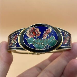 Floral, Gold, Blue, and Black Cloisonné  Hinge Bracelet C18